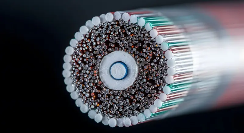 Cross-section diagram of a silica optical fibre showing core, cladding and total internal reflection