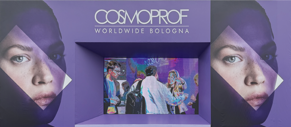 Medfibers team at Cosmoprof Worldwide Bologna 2025, Cosmoprof hall entrance with partners on the show floor